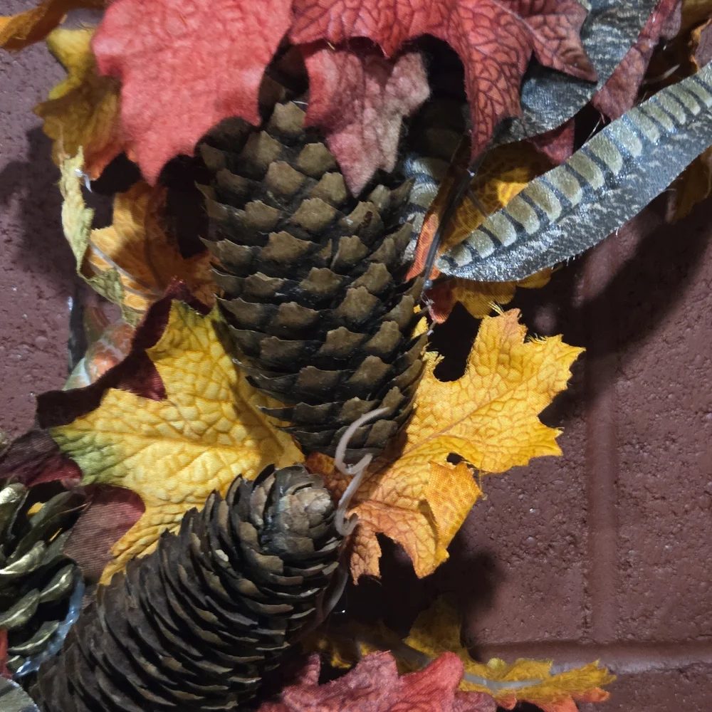 Festive Autumn Wreath with Natural Pinecones, Faux Feathers and Leaves